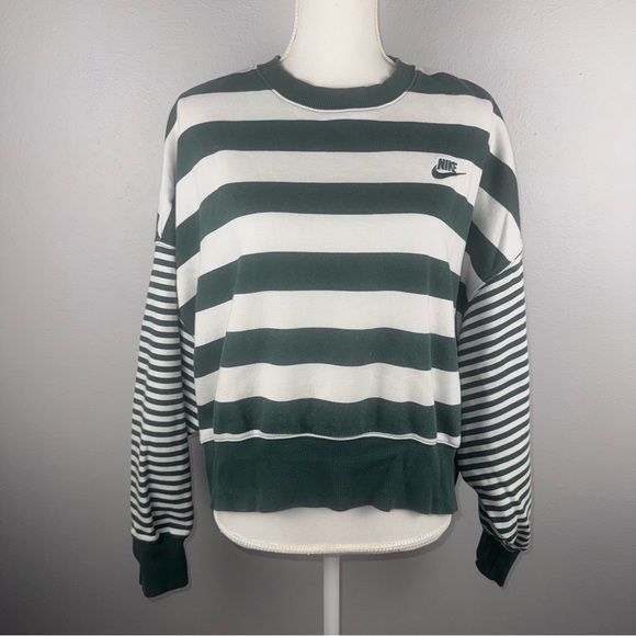 Nike Women’s Medium Green & White Striped Cropped Sweatshirt Oversized Crew Neck - Picture 1 of 11